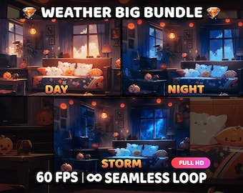 Animated Halloween Weather Bundle Background for Twitch, Zoom, Vtuber Cozy Spooky Virtual Background Living room, Pngtuber Stream Loop Video