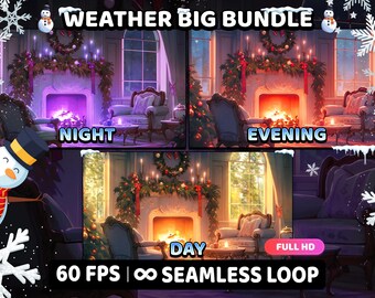 Animated Christmas Fireplace Background Bundle, Cozy Virtual Stream (MP4)