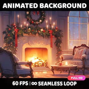 Animated Background, Cozy Winter Evening, Christmas, Lofi Aesthetic Looped Vtuber Twitch Stream Overlay Background
