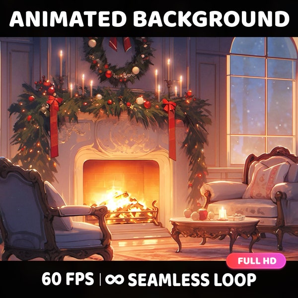 Geanimeerde achtergrond, gezellige winteravond, Kerstmis, Lofi esthetische lus Vtuber Twitch Stream Overlay achtergrond