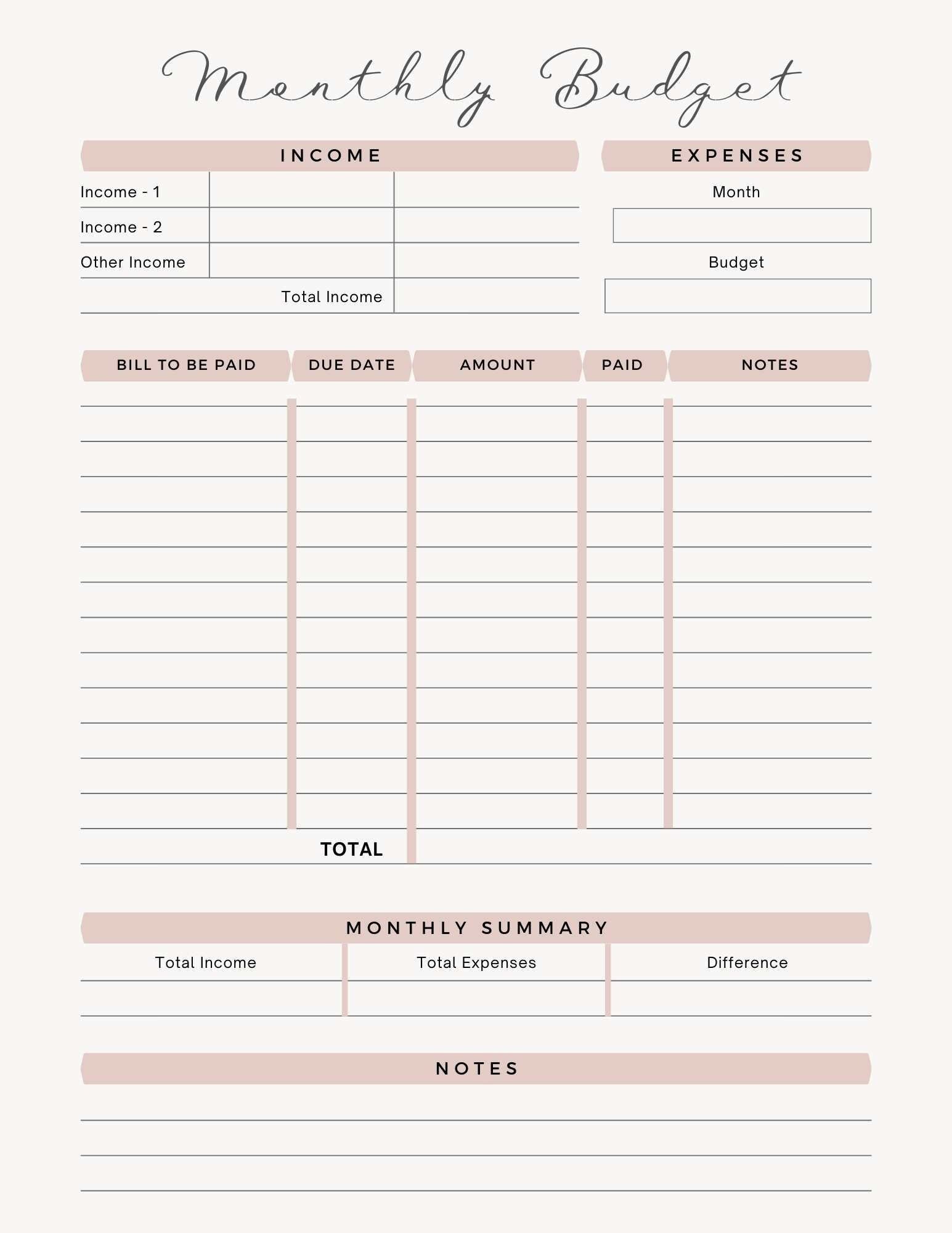 Monthly Budget Template - PDF - Printable Download - Etsy