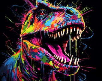 アート・デザイン・音楽 DINOSAUR DREAMS Psychedelic Dinosaur Roaring in Vivid Jungle Stock