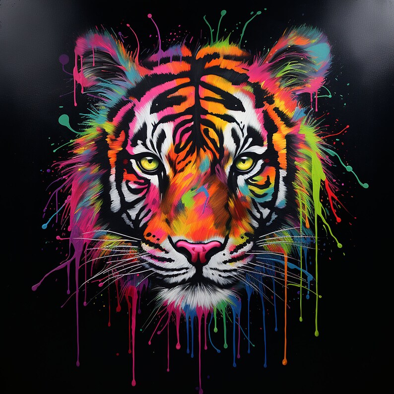 May include: A colorful tiger portrait with vibrant splashes of paint dripping down the sides. The tiger's face is in focus, with bright green eyes and a pink nose.