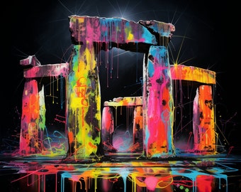 Neon Stonehenge digital print
