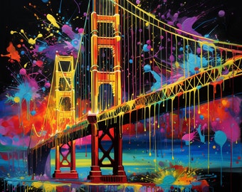 Neon Golden Gate Bridge digital print