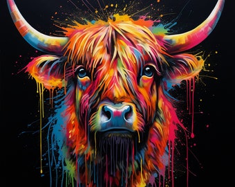 Neon Highland Cow digital print