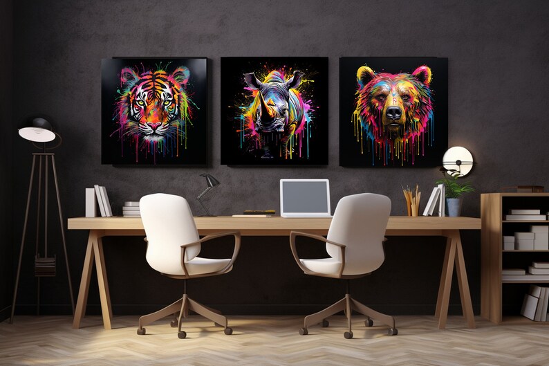 May include: Three colorful animal head paintings on black canvases. The paintings are of a tiger, a rhinoceros, and a bear. The paintings are hung on a dark gray wall in a home office setting.