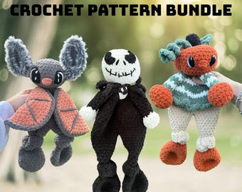 Bundel met Halloween Snuggler-haakpatroon: amigurumi-pompoen, skelet, vleermuis (pdf-download)