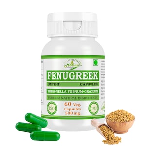 Pode incluir: Um frasco de plástico branco de cápsulas de feno-grego Methi Morsan com um rótulo verde e branco. O rótulo indica 60 cápsulas vegetais de 500 mg. Três cápsulas verdes estão à frente, junto a uma pequena colher de madeira e uma taça com sementes.