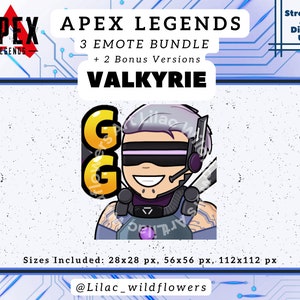 May include: A digital illustration of a character from the video game Apex Legends. The character is Valkyrie, with a purple and white colour scheme. The image includes the text "GG" and "Valkyrie".