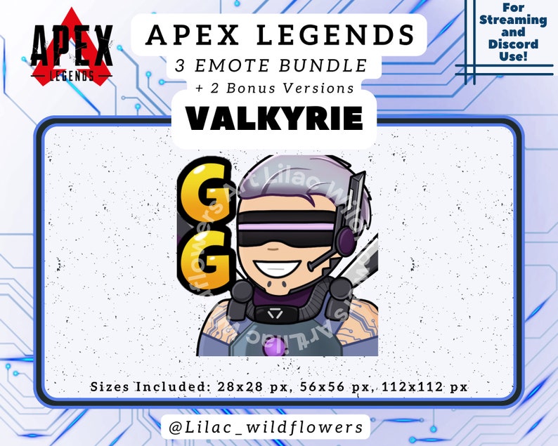 May include: A digital illustration of a character from the video game Apex Legends. The character is Valkyrie, with a purple and white colour scheme. The image includes the text "GG" and "Valkyrie".