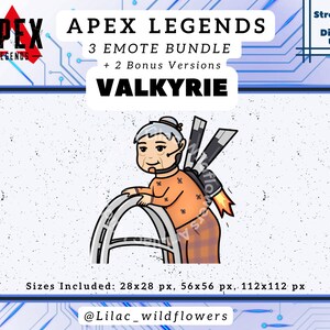 May include: A digital illustration of a cartoon character from the video game Apex Legends. The character is Valkyrie, a woman with white hair and a jetpack. The image is in a cartoon style and is suitable for use as an emote or avatar.