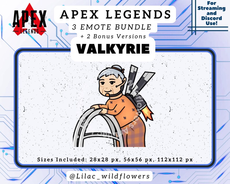 May include: A digital illustration of a cartoon character from the video game Apex Legends. The character is Valkyrie, a woman with white hair and a jetpack. The image is in a cartoon style and is suitable for use as an emote or avatar.