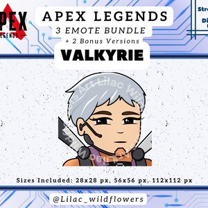 May include: A digital illustration of Valkyrie from Apex Legends. The image is a close-up of her face and features a blue and white background with a pixelated effect. The text "APEX LEGENDS 3 EMOTE BUNDLE + 2 Bonus Versions VALKYRIE" is at the top of the image. The text "Sizes Included: 28x28 px, 56x56 px, 112x112 px" is at the bottom of the image. The text "@Lilac_wildflowers" is at the bottom of the image.