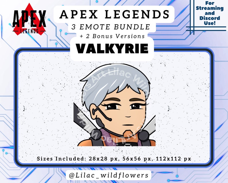May include: A digital illustration of Valkyrie from Apex Legends. The image is a close-up of her face and features a blue and white background with a pixelated effect. The text "APEX LEGENDS 3 EMOTE BUNDLE + 2 Bonus Versions VALKYRIE" is at the top of the image. The text "Sizes Included: 28x28 px, 56x56 px, 112x112 px" is at the bottom of the image. The text "@Lilac_wildflowers" is at the bottom of the image.