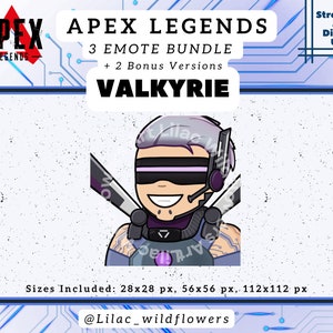 May include: A digital illustration of a cartoon character from the video game Apex Legends. The character is a woman with purple hair and a white visor. She is wearing a blue and grey outfit with a purple symbol on her chest. The image is labelled "VALKYRIE" and includes the text "3 EMOTE BUNDLE + 2 Bonus Versions".