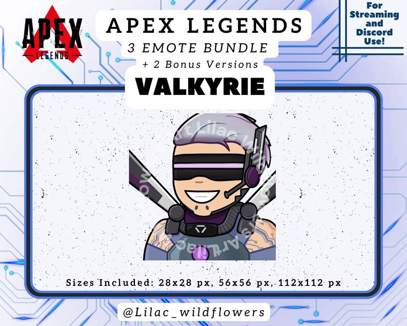 May include: A digital illustration of a cartoon character from the video game Apex Legends. The character is a woman with purple hair and a white visor. She is wearing a blue and grey outfit with a purple symbol on her chest. The image is labelled "VALKYRIE" and includes the text "3 EMOTE BUNDLE + 2 Bonus Versions".