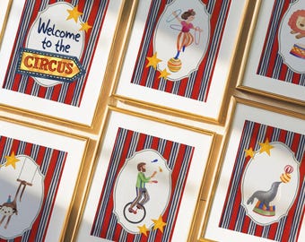 Arte de parede com tema de circo: decoração vintage para quarto de bebê, conjunto de 6 pôsteres divertidos para quarto infantil (download digital)