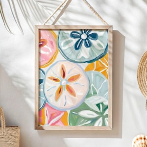 Impresión artística de pared con diseño abstracto de dólares de arena en colores pastel para casa de playa costera, para comedor de verano, cocina, póster "Encuéntrame en la playa" 01