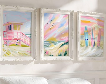 Coastal Wall Art Set of 3, California Beach Decor, Beach House Gallery Wall, Surfboard Lifeguard Tower Ocean Prints, Pastel Coastal Art