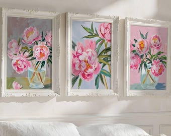 Pink Floral Wall Art Set of 3, Colorful Peony Prints, Painterly Flower Art, Feminine Bedroom Decor, Pastel Gallery Wall, Printable Art