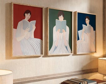 Woman Reading Wall Art Set of 3, Printable Book Lover Decor, Reading Nook Wall Art, Literary Gallery Wall, Bookish Reading Room Prints