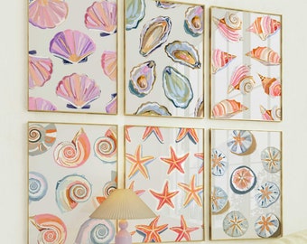 Coastal Wall Art Set of 6 Printable, Oyster Shell Starfish Seashell Prints, Beach House Decor Gallery Wall, Pastel Watercolor Ocean Art