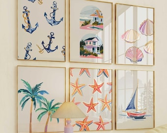 Arte de parede estilo galeria costeira: Conjunto de gravuras de verão com tema praiano (6 peças) (Download digital)