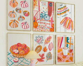 Conjunto de láminas decorativas otoñales coloridas para pared, 6 láminas de arte otoñal, bonita decoración otoñal en tonos pastel, divertidas láminas decorativas otoñales para pared.