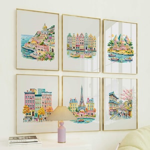 City Prints 6pc Travel Posters World Travel Prints Digital Art Aesthetic Room Decor Cities Posters Landscape Prints Watercolor Travel Prints