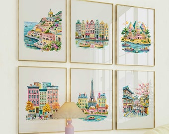 City Prints 6pc Travel Posters World Travel Prints Digital Art Aesthetic Room Decor Cities Posters Landscape Prints Watercolor Travel Prints