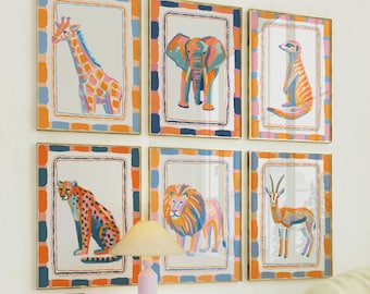 Safari Animal Nursery Wall Art Set of 6, Jungle Nursery Decor, Colorful Safari Prints, Baby Room Printable Art, Gender Neutral Kids Decor