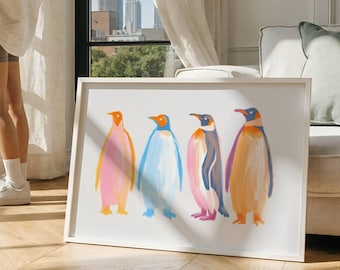 Penguin Wall Art, Coastal Decor Print, Cute Arctic Animal Poster, Beach House Living Room Wall Decor, Pastel Ocean Art