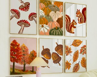 Conjunto de láminas decorativas otoñales para pared, 6 láminas de arte otoñal, decoración de pared con temática de bosque, arte colorido de calabaza, seta y ardilla, decoración otoñal acogedora para imprimir.