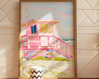 Coastal Beach House Print, California Beach Decor, Lifeguard Tower Wall Art, Pastel Ocean Poster, Summer Aesthetic Wall Art