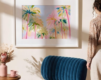 Palm Tree Wall Art Printable, Coastal Tropical Decor, Pastel Watercolor Palm Trees, Beach House Wall Art, Summer Aesthetic