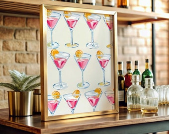 Poster di cocktail Cosmopolitan Cocktails Wall Art Stampa acquerello Bicchieri da Martini Poster di cocktail Stampe carrello bar Decorazione carrello bar Martini