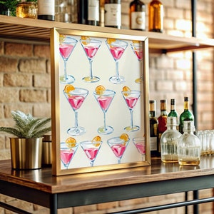 Arte mural de cócteles cosmopolitas Póster de cócteles Impresión de acuarela Copas de martini Póster de cócteles Impresiones de carrito de bar Decoración de carrito de bar Martini