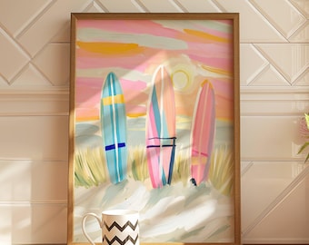 Surfboard Wall Art, Coastal Beach Decor, Pastel Summer Print, Beach House Wall Art, Ocean Aesthetic Poster, Colorful Coastal Art