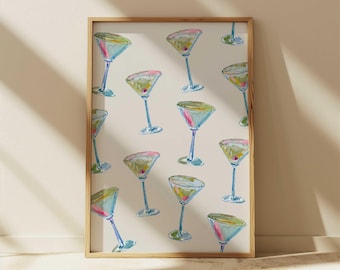 Modello poster Martini Arte murale Martini Stampa acquerello Stampa Martini Carrello bar Bicchieri da Martini Poster cocktail Stampe carrello bar Arte cucina