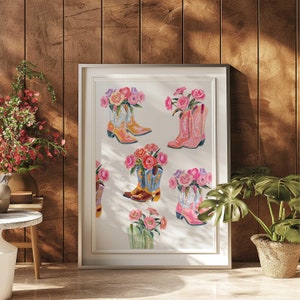 Cowgirl Boots Floral Art Print: Trendy Western Decor (Digital Download)