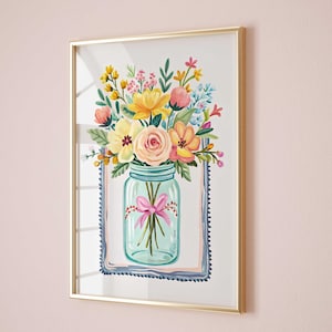 Mason Jar Doodle Bouquet Art Print Digital Downloadable Wall Art Floral Cottage Print Trendy Decor Abstract Vintage Painting English Garden