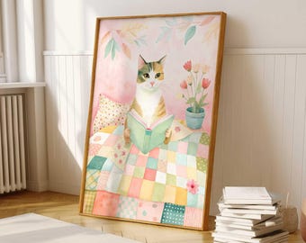Watercolor Cat Reading Book Art: Pastel Bookworm Poster (Digital Download)