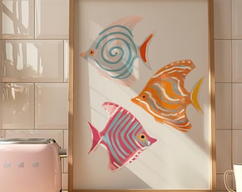 Lámina decorativa de pared con diseño de pez ángel en tonos pastel, decoración costera con peces tropicales, póster de acuarela oceánica, arte para el baño de la casa de playa, descarga digital.