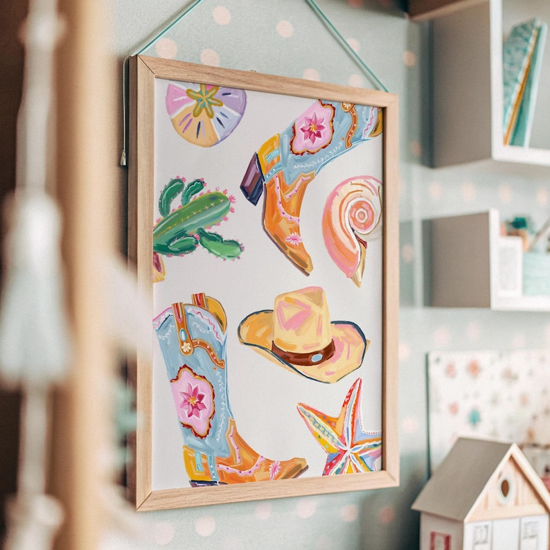Coastal Cowgirl Wall Art Coastal Beach House Wall Art Print Oyster Shell Painting Colorful Pastel Abstract Beach Print Cowgirl Coquette Art