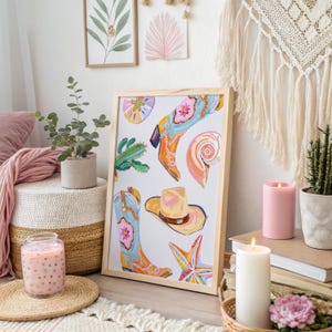 Coastal Cowgirl Wall Art Coastal Beach House Wall Art Print Oyster Shell Painting Colorful Pastel Abstract Beach Print Cowgirl Coquette Art