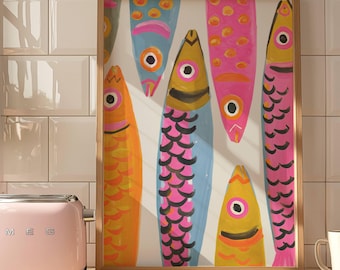 Sardine Wall Art, Colorful Sardine Painting, Coastal Kitchen Decor, Mediterranean Printable, Beach House Wall Art, Fish Print