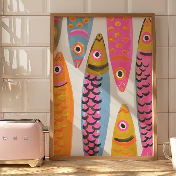 Sardine Wall Art, Colorful Sardine Painting, Coastal Kitchen Decor, Mediterranean Printable, Beach House Wall Art, Fish Print
