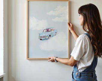 Vliegende auto aquarel print subtiele tovenaarsschool poster moderne kunst Home decor abstract muur decor tovenaarswereld geïnspireerde muurkunst film