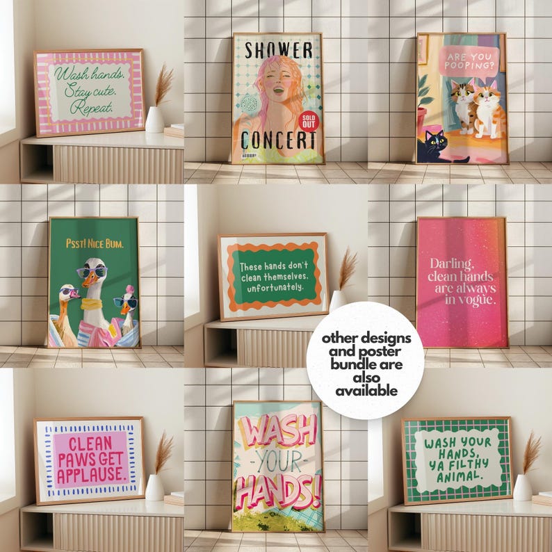 May include: Nine colorful bathroom posters with humorous and quirky messages about hand washing. The posters are framed in wood and have a white background.